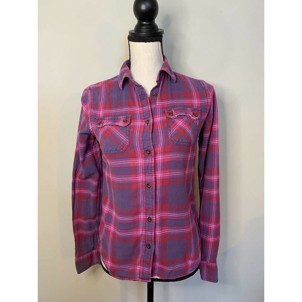 American Eagle Womens XS Pink Purple Plaid Button Front Shirt Long Sleeve Warm